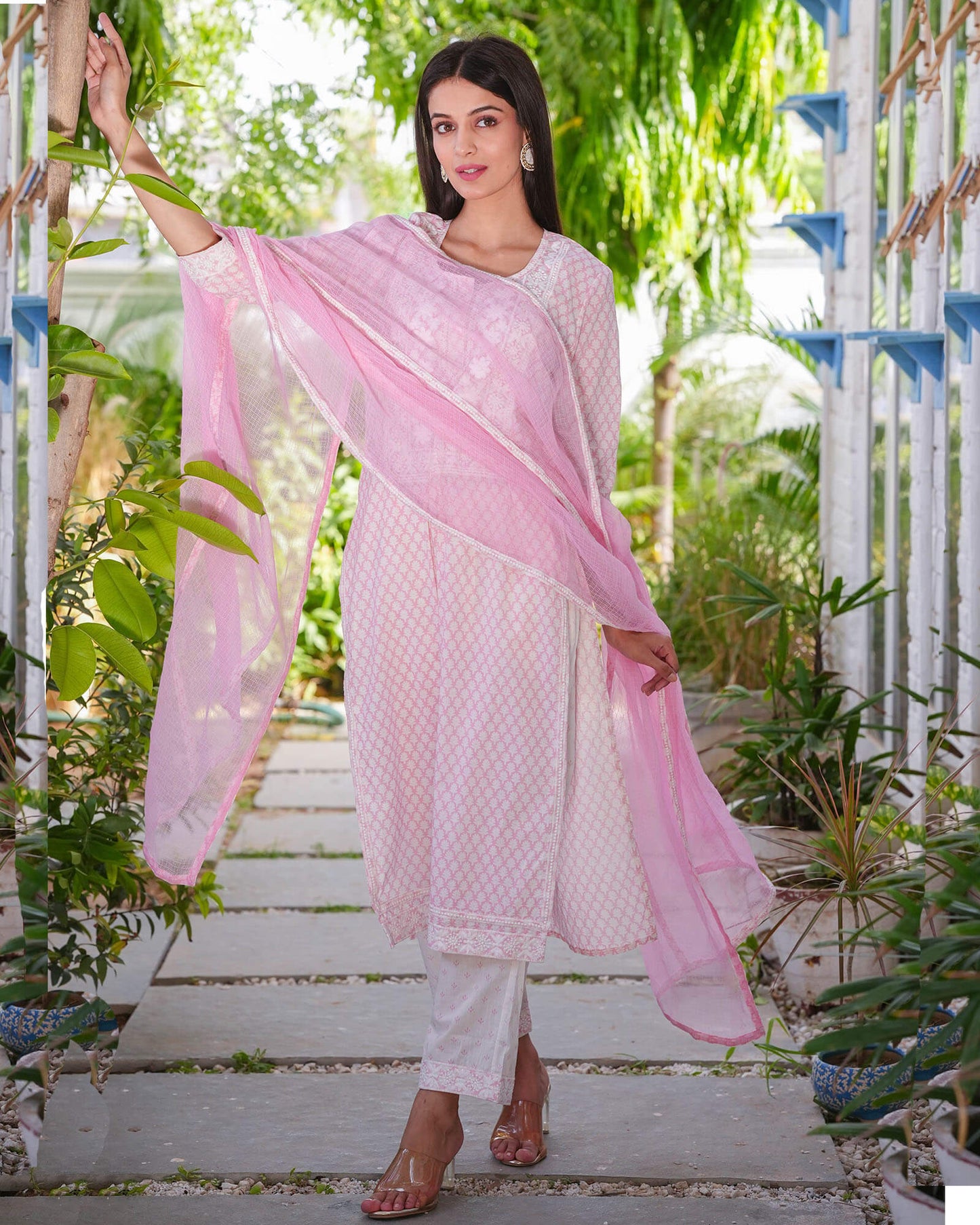 Pink Handblock Print Embroidered Suit Set