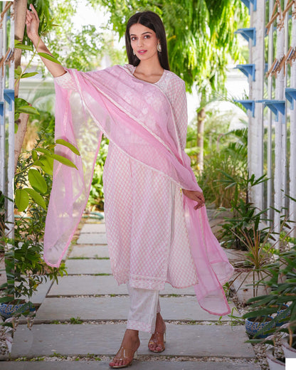 Pink Handblock Print Embroidered Suit Set