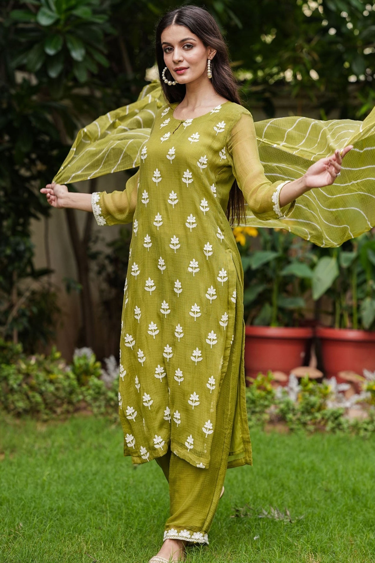 Olive Kota Doria Suit Set With Embroidery