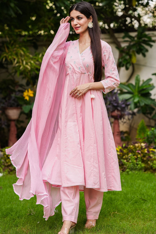 Pink Cotton Anarkali Suit Set With Embroidery