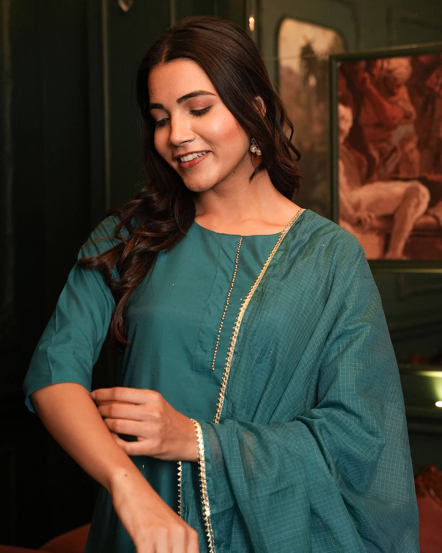 Teal Blue Chanderi Suit Set