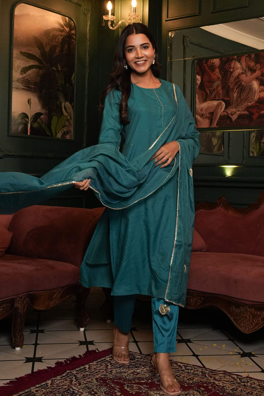 Teal Blue Chanderi Suit Set