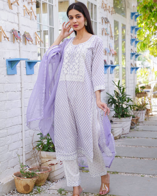 Purple Cotton Handblock Embroidered Suit Set