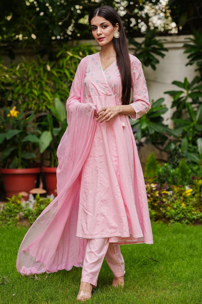 Pink Cotton Anarkali Suit Set With Embroidery