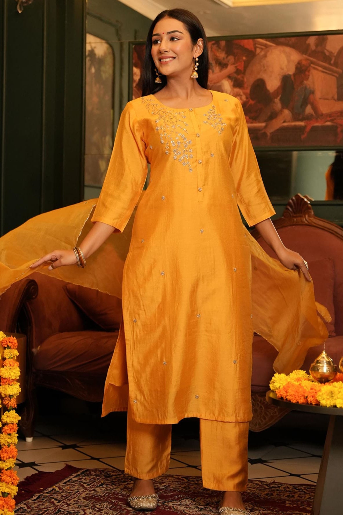 Mustard Yellow Muslin Suit Set With Handwork