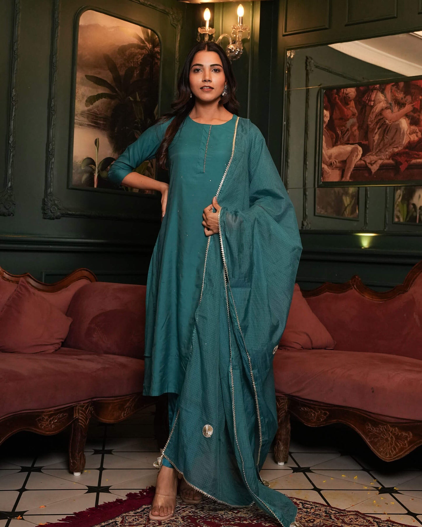 Teal Blue Chanderi Suit Set