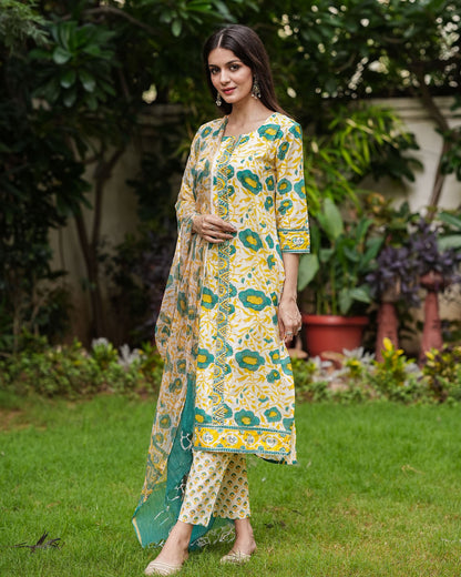 Yellow Green Handblock Cotton Suit Set