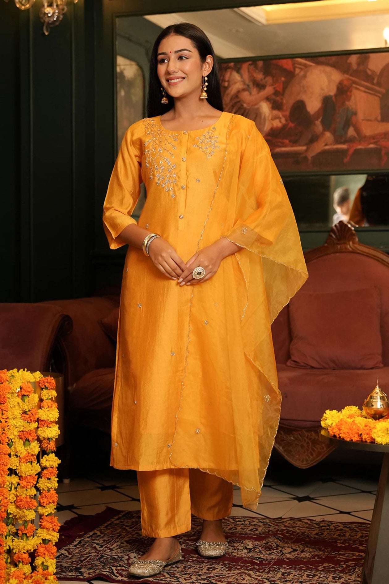 Mustard Yellow Muslin Suit Set With Handwork