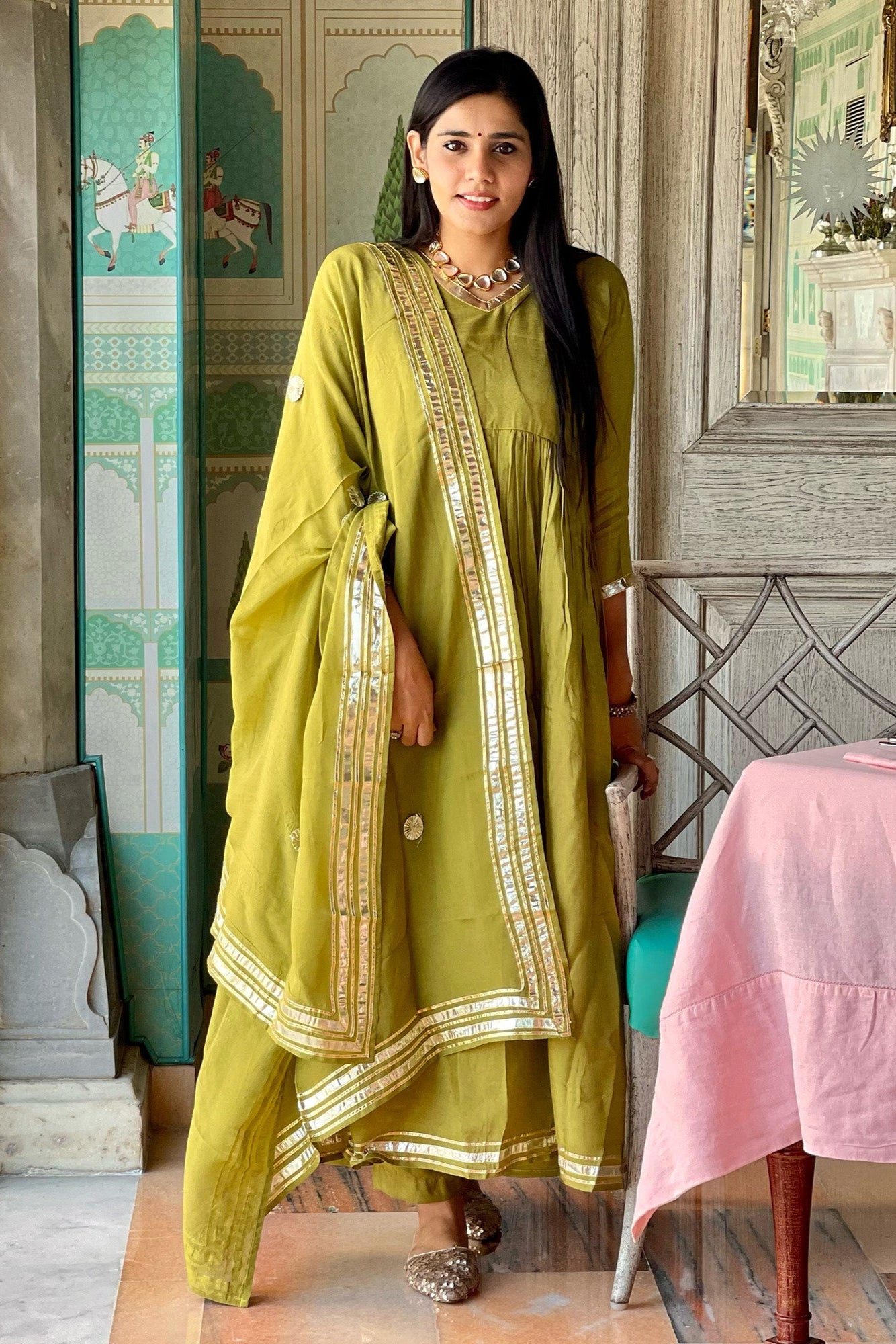 Olive Muslin Suit With Handpainted Dupatta