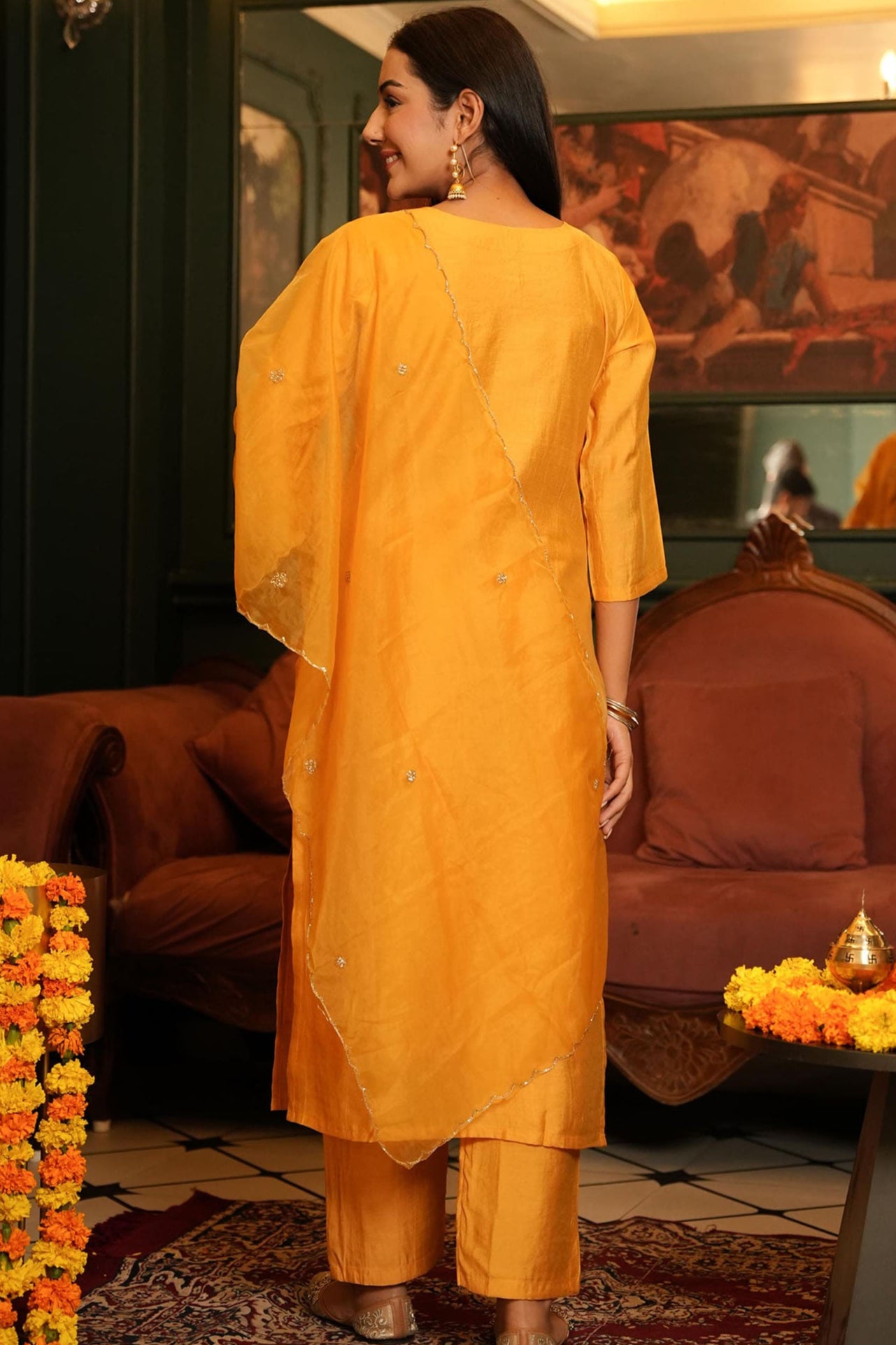 Mustard Yellow Muslin Suit Set With Handwork