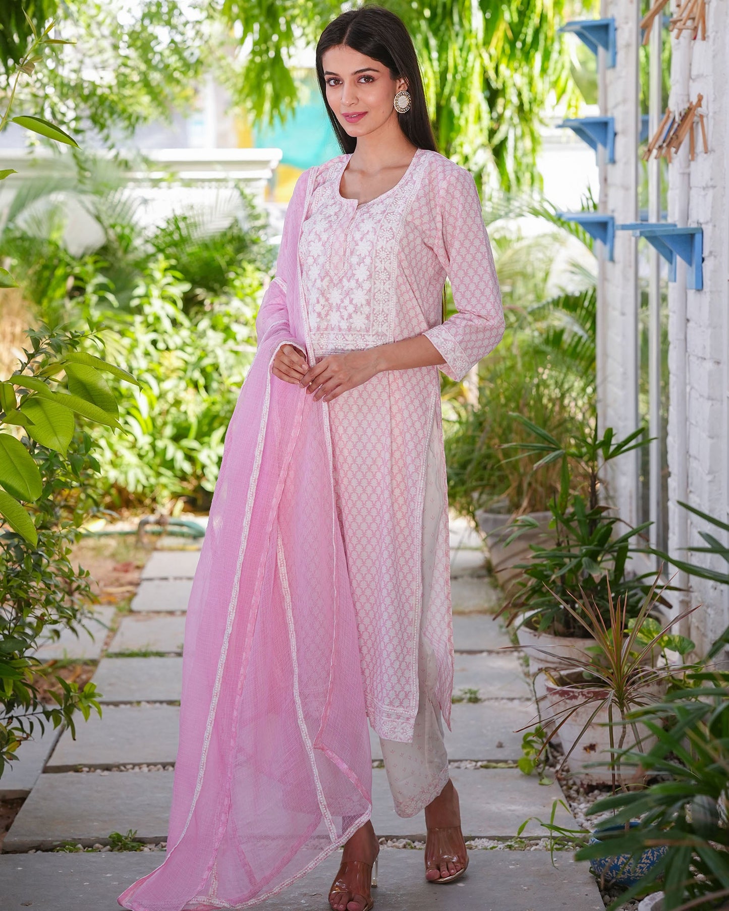 Pink Handblock Print Embroidered Suit Set