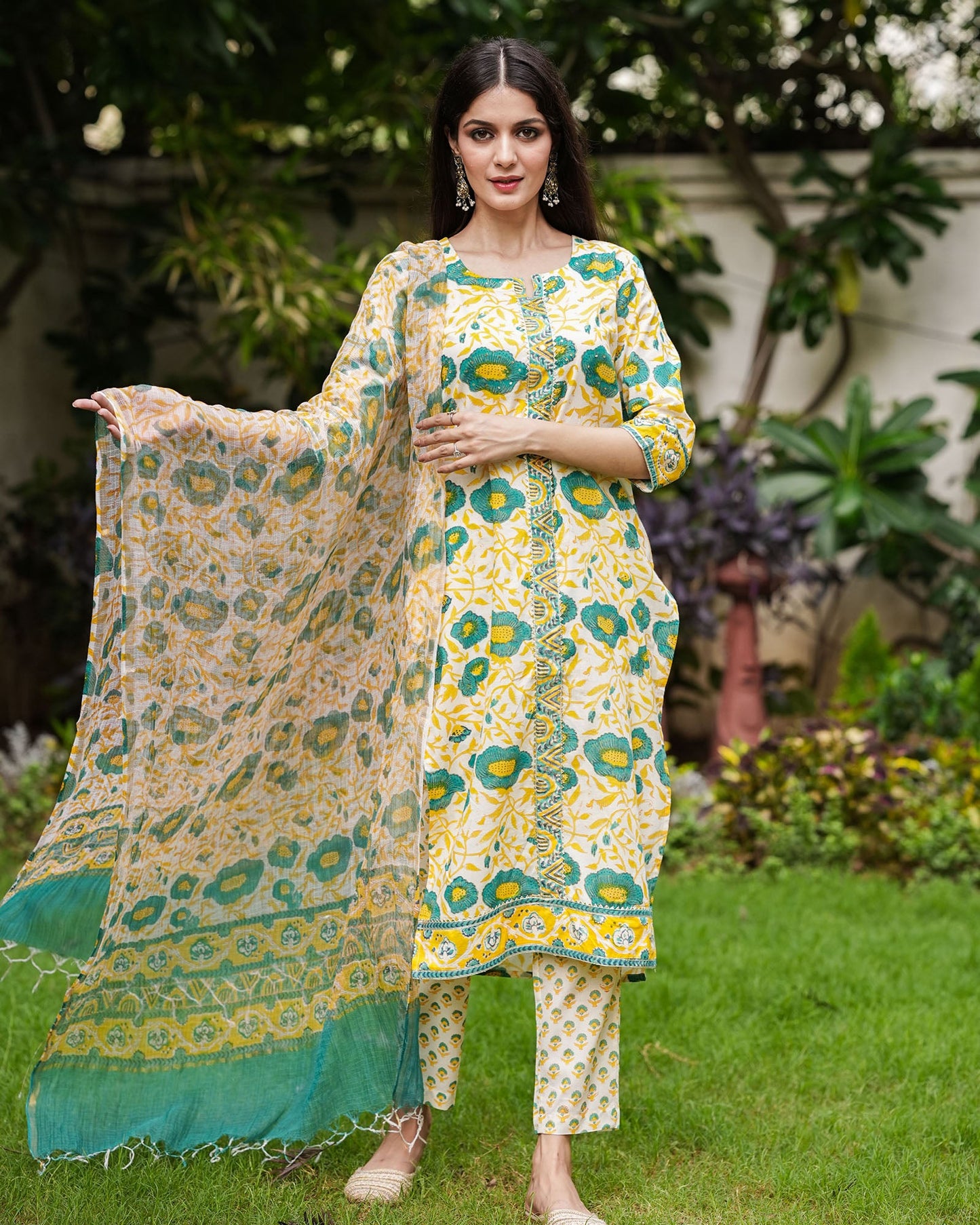 Yellow Green Handblock Cotton Suit Set