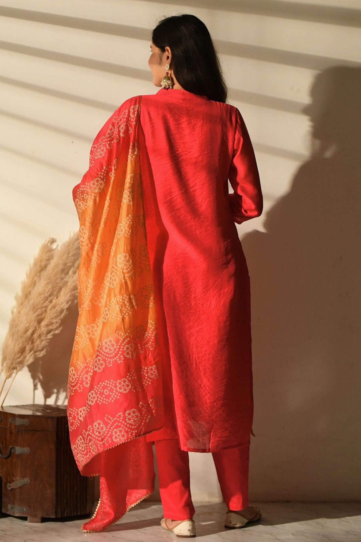 Orange Muslin Suit Set With Bandhej Dupatta