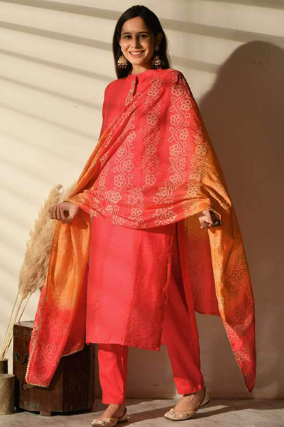 Orange Muslin Suit Set With Bandhej Dupatta