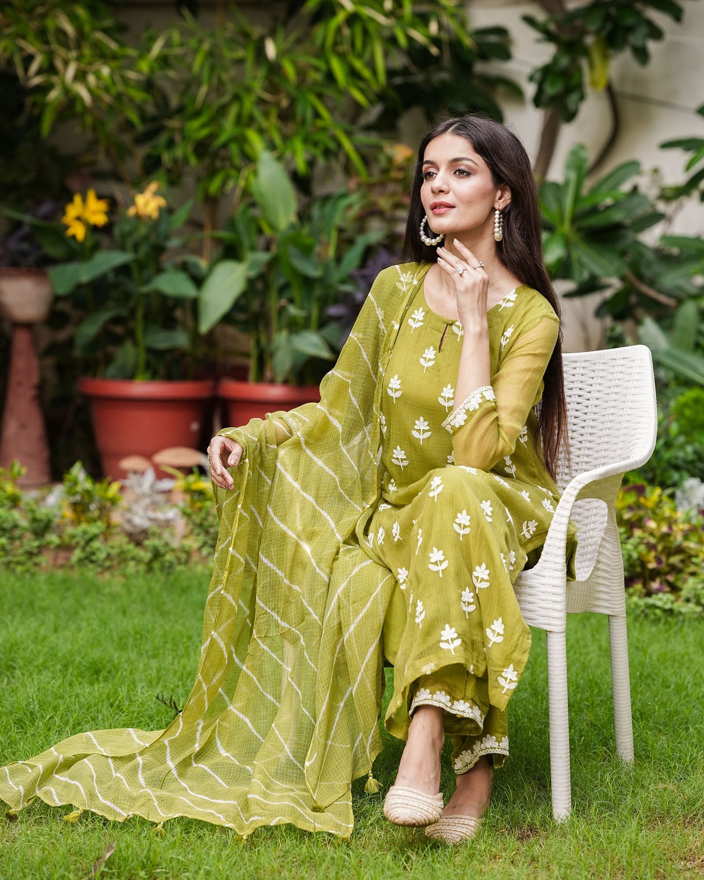 Olive Kota Doria Suit Set With Embroidery