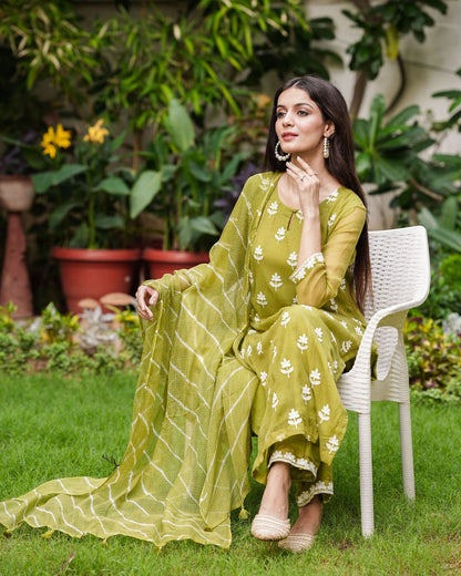 Olive Kota Doria Suit Set With Embroidery