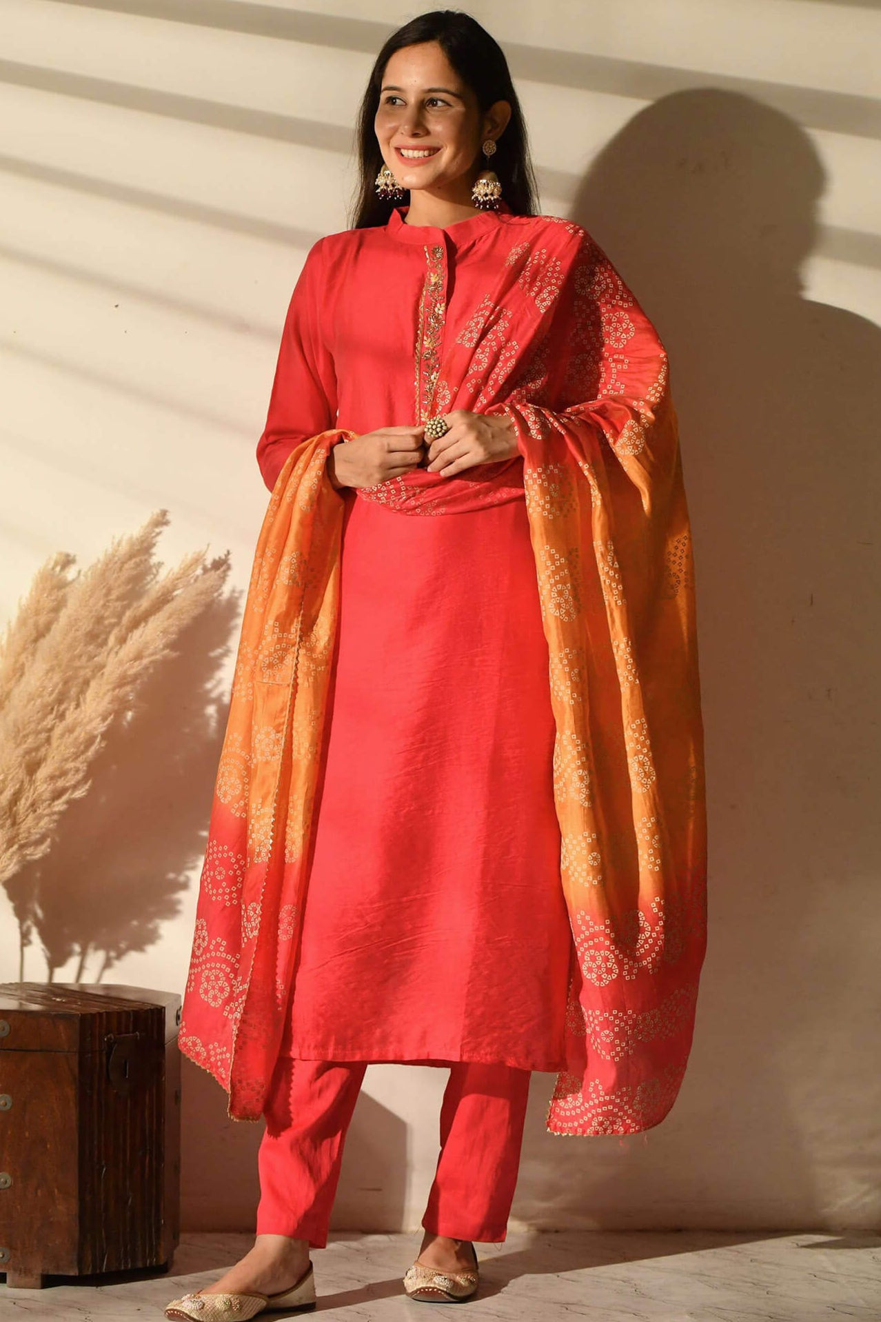 Orange Muslin Suit Set With Bandhej Dupatta