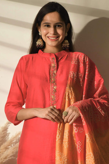 Orange Muslin Suit Set With Bandhej Dupatta