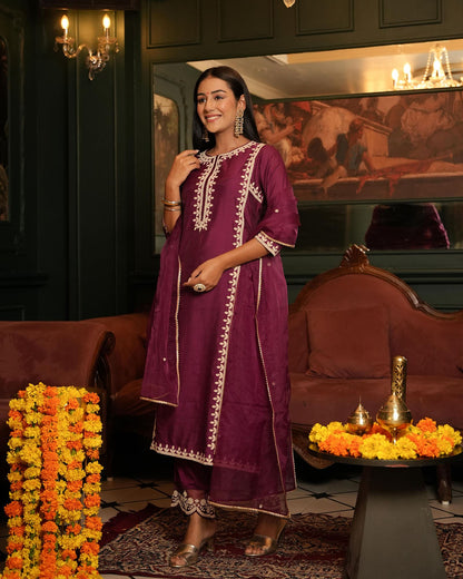 Wine Chanderi Suit Set With Gotta Work