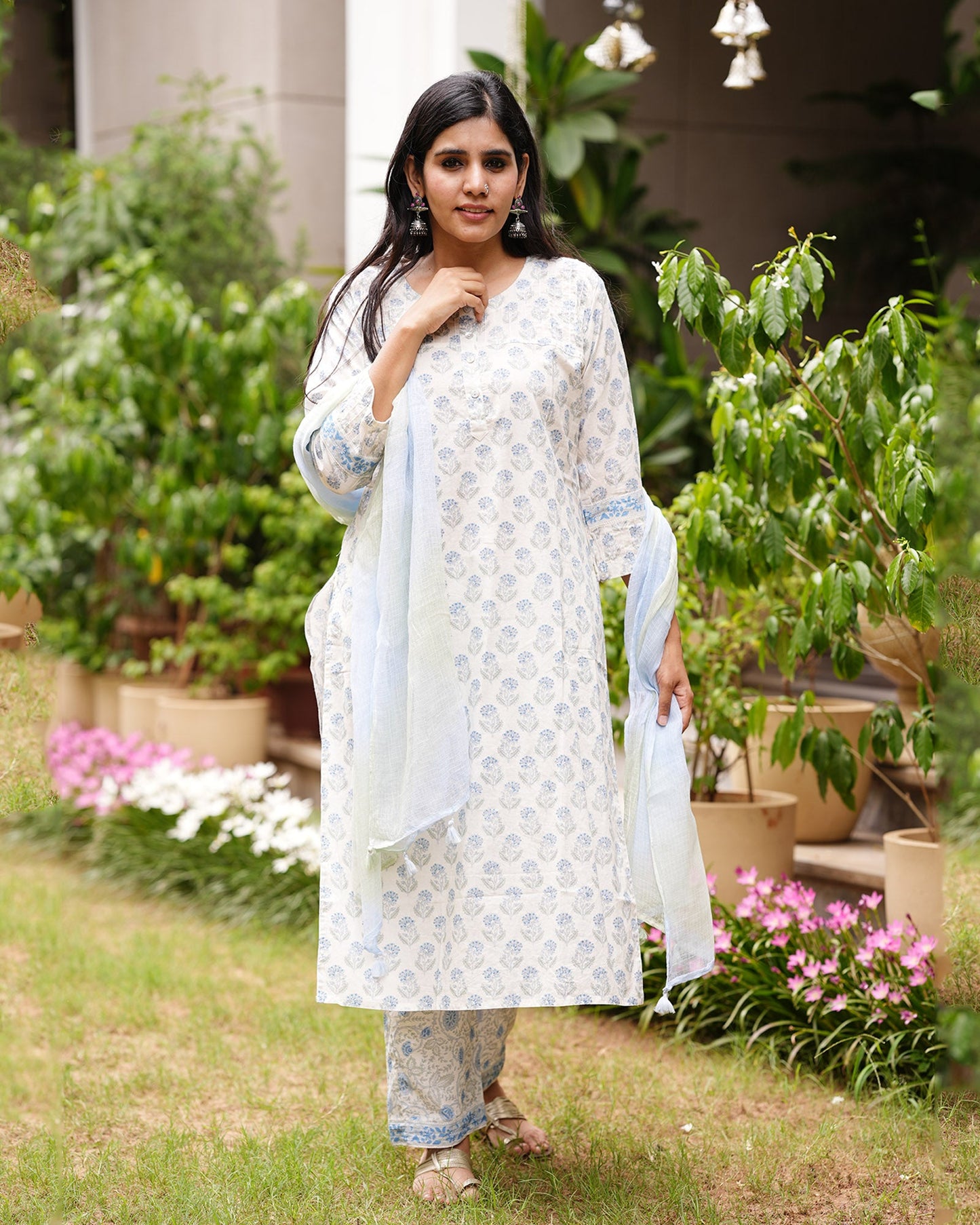 White & Blue Handblock Suit Set With Kota Dupatta