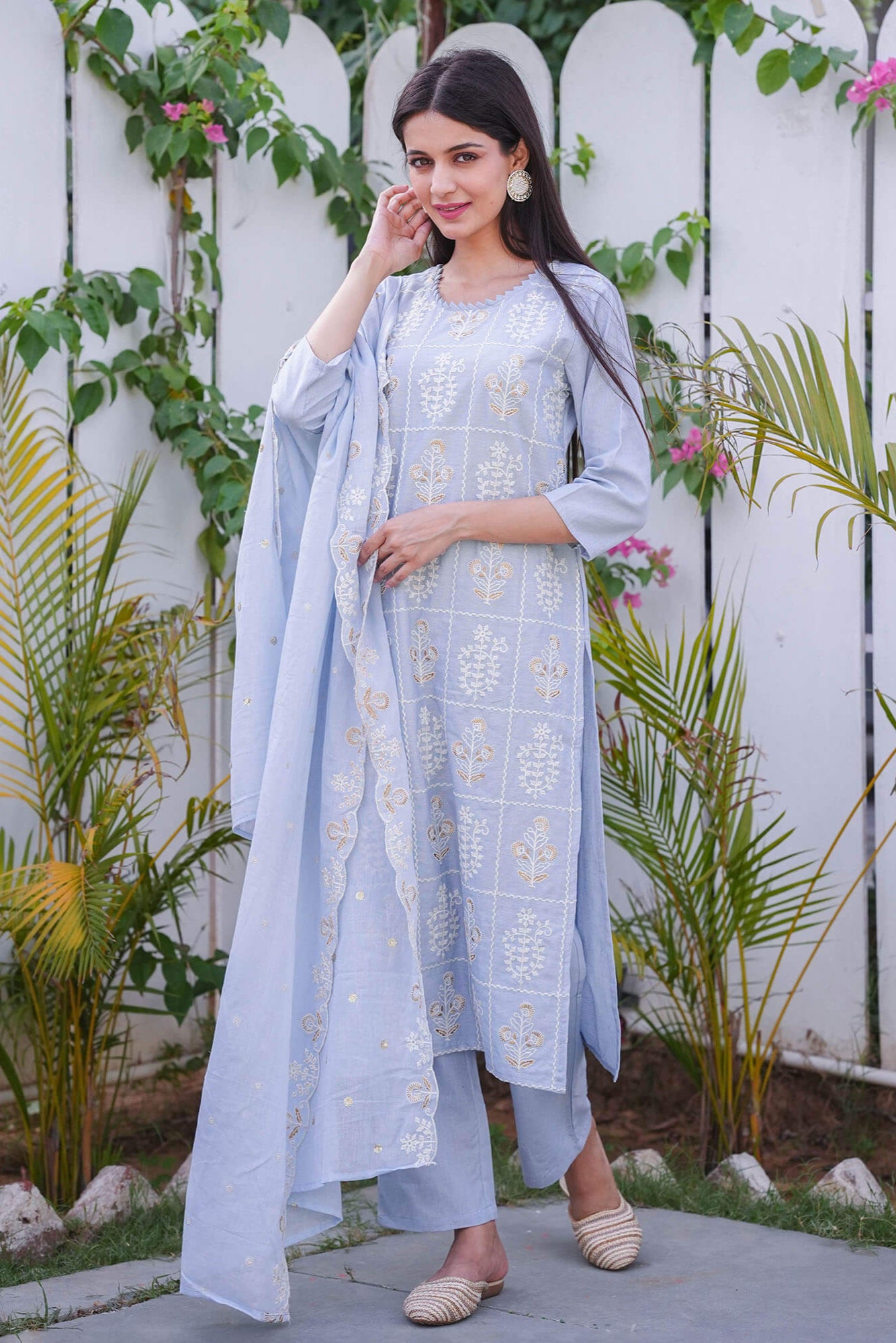 Blue Cotton Flex Suit Set With Embroidery