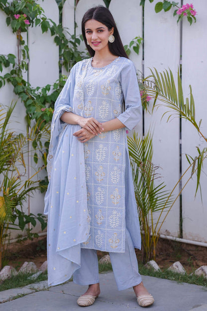 Blue Cotton Flex Suit Set With Embroidery