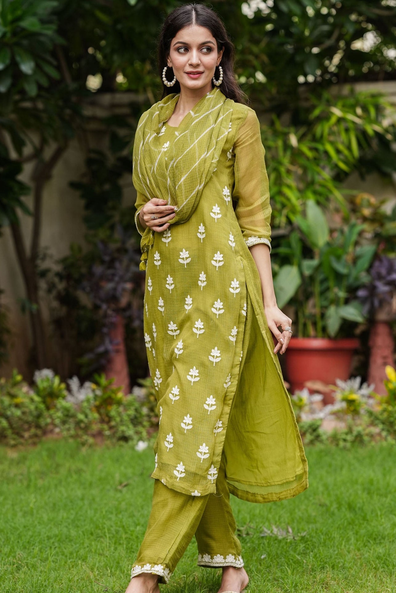 Olive Kota Doria Suit Set With Embroidery