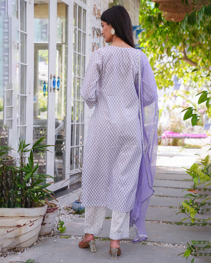 Purple Cotton Handblock Embroidered Suit Set