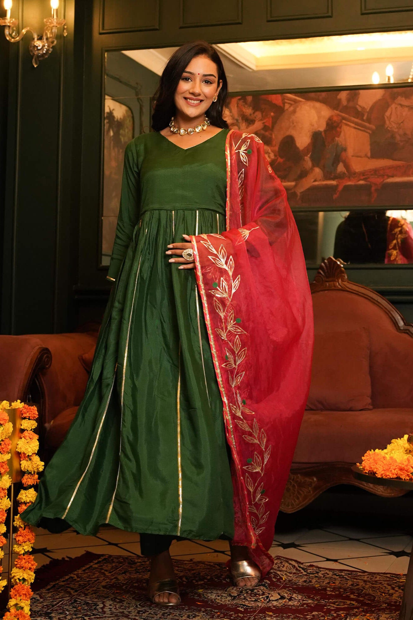 Bottle Green Anarkali Suit Set