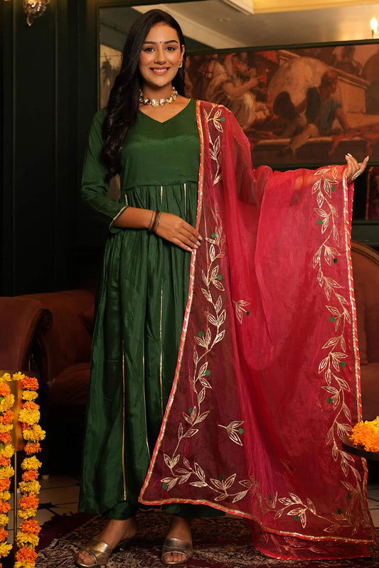 Bottle Green Shantung Anarkali Suit Set