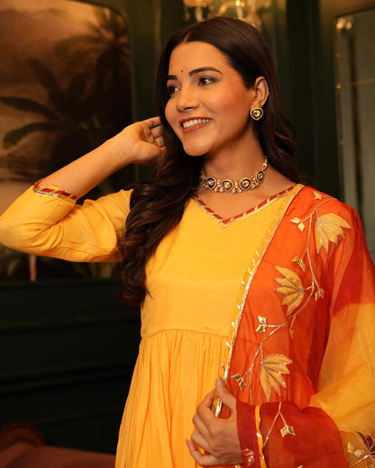 Yellow Shantung Anarkali Suit Set