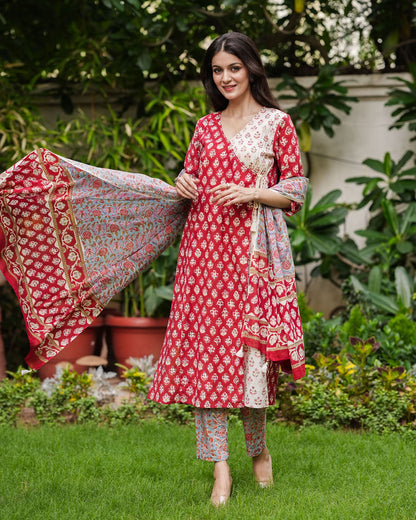 Red White Handblock Cotton Angrakha Suit Set