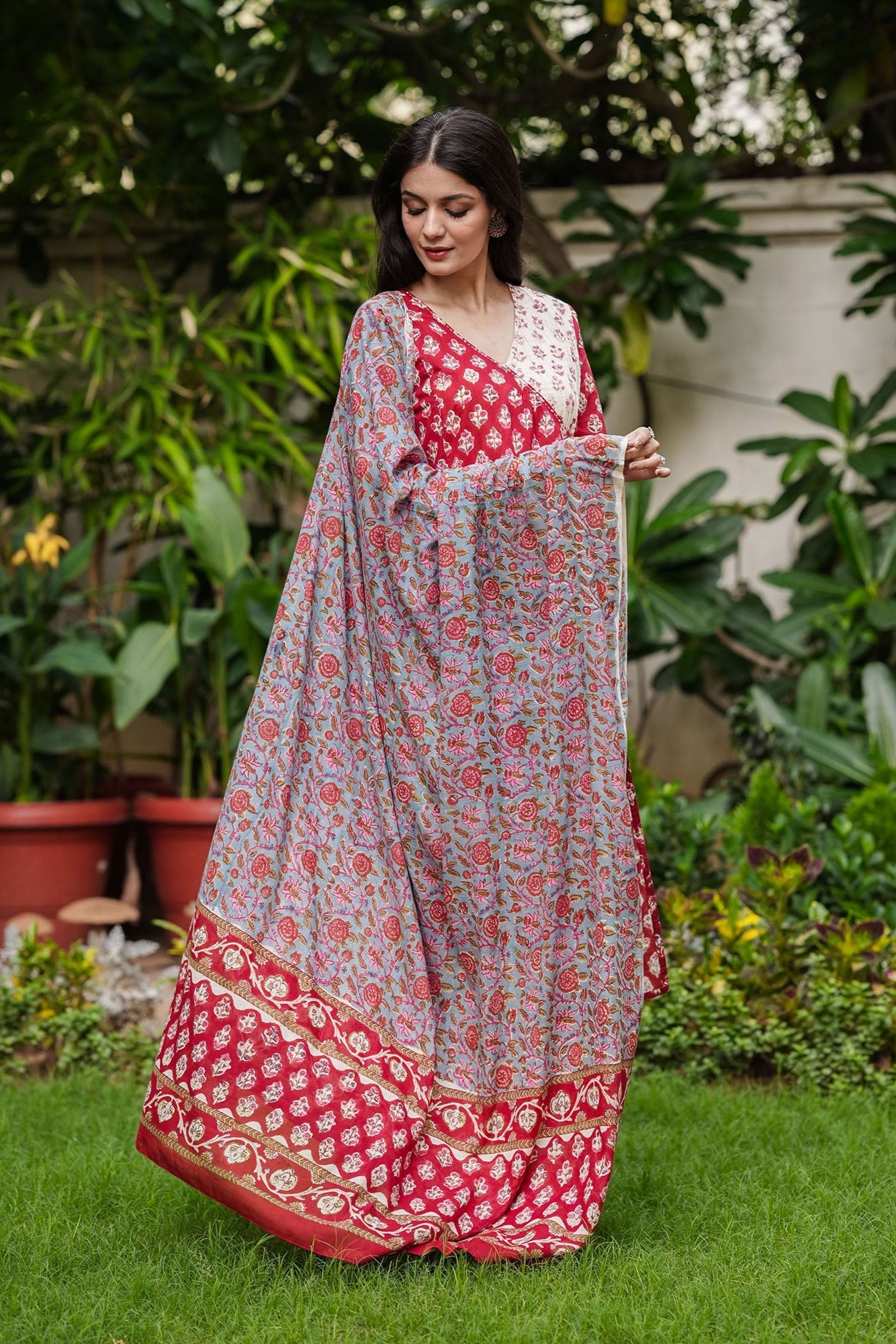 Red White Handblock Cotton Angrakha Suit Set