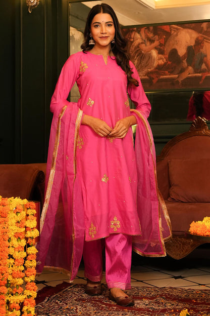 Pink Chanderi Suit Set With Gotta Work