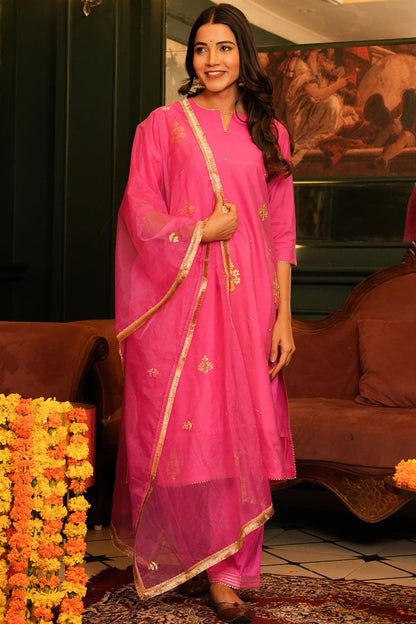 Pink Chanderi Suit Set With Gotta Work