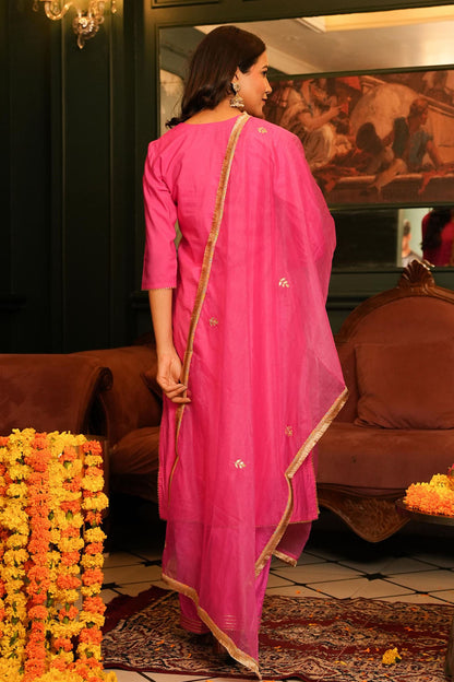 Pink Chanderi Suit Set With Gotta Work