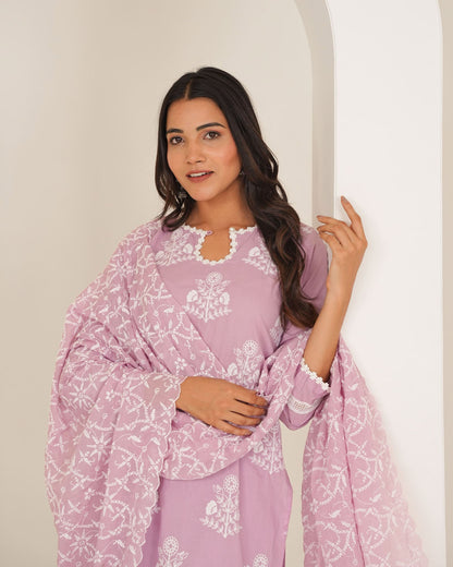 Pink Cotton Thread Embroidered Suit Set