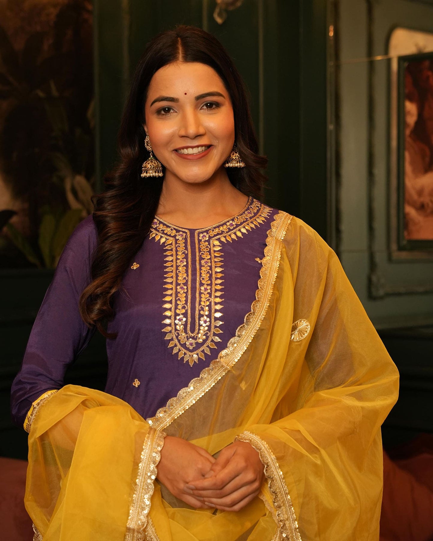 Purple Chanderi Suit Set With Gotta Work