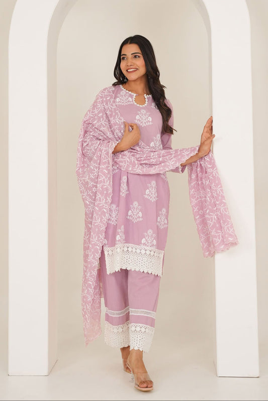 Pink Cotton Thread Embroidered Suit Set