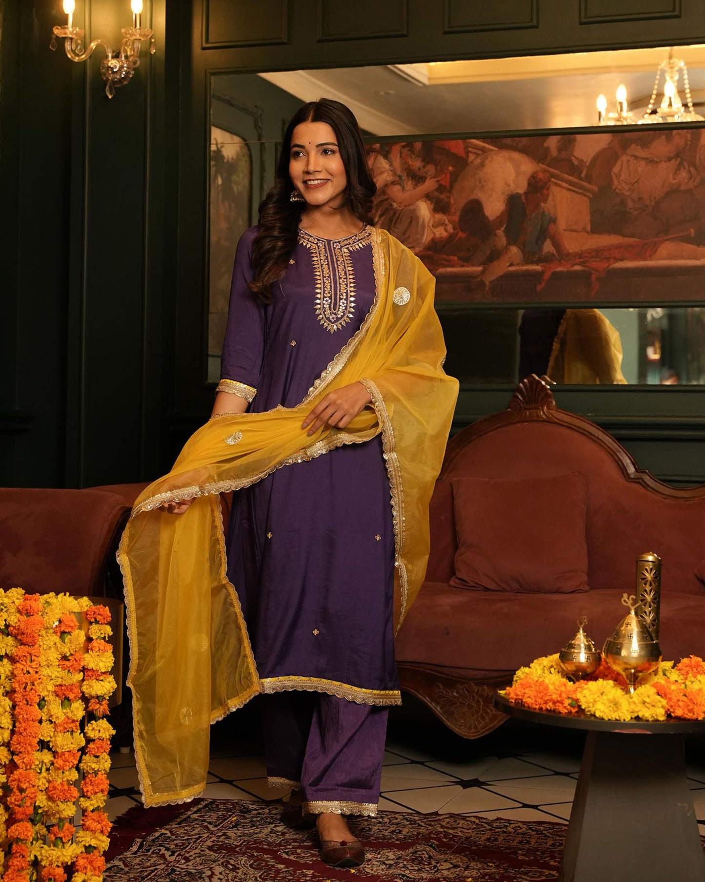 Purple Chanderi Suit Set With Gotta Work