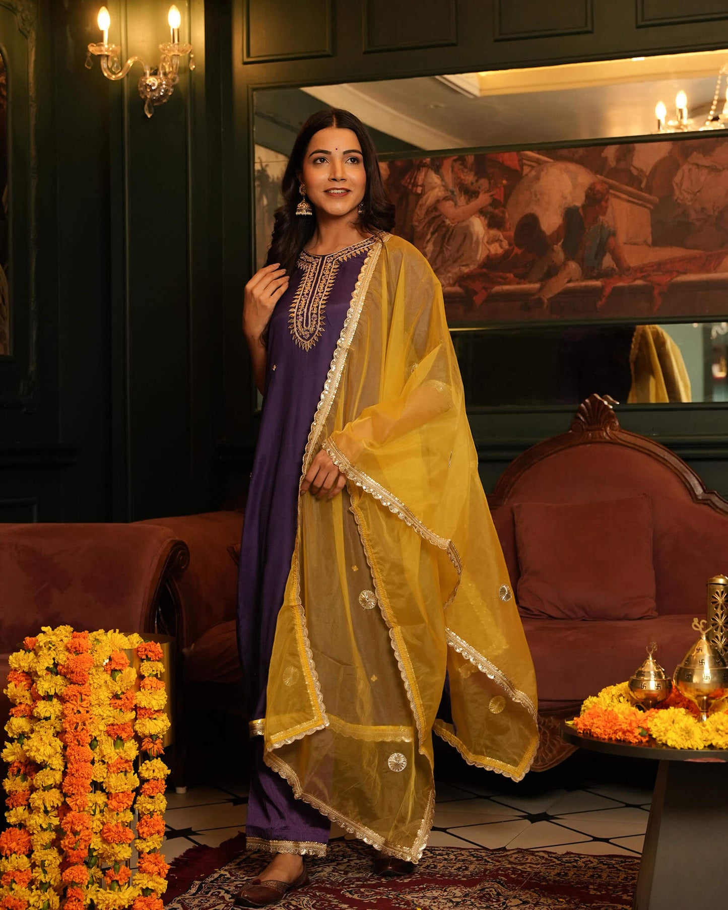 Purple Chanderi Suit Set With Gotta Work