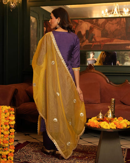 Purple Chanderi Suit Set With Gotta Work