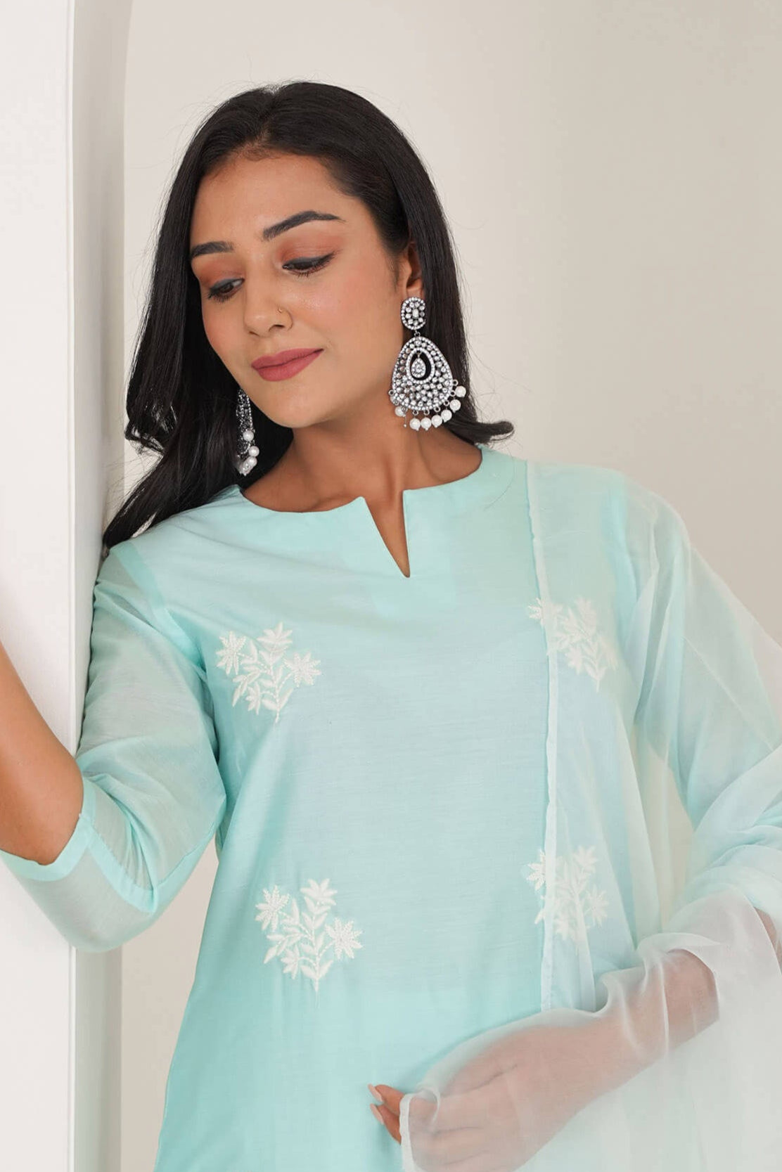 Ice Blue Chanderi Suit Set With Lace Work