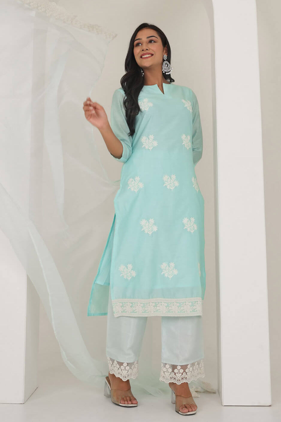 Ice Blue Chanderi Suit Set With Lace Work