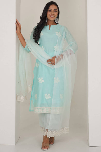 Ice Blue Chanderi Suit Set With Lace Work