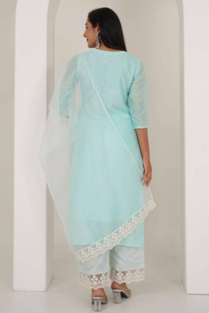 Ice Blue Chanderi Suit Set With Lace Work