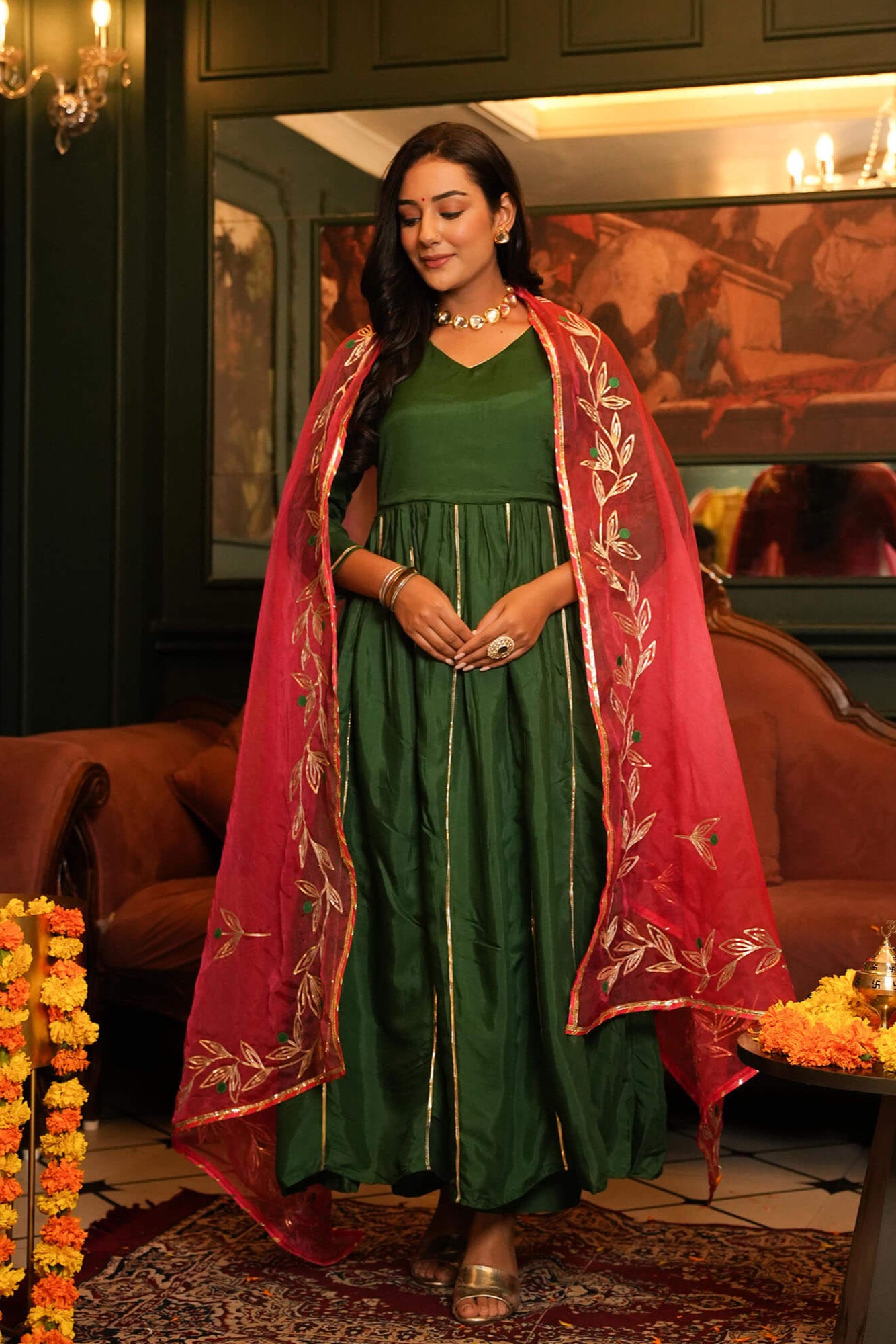 Bottle Green Anarkali Suit Set