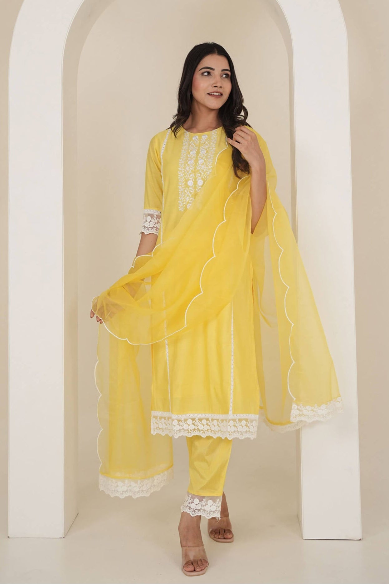 Yellow Chanderi Suit Set With Lace Work