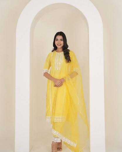 Yellow Chanderi Suit Set With Lace Work