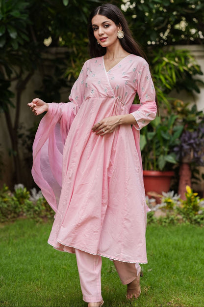 Pink Cotton Anarkali Suit Set With Embroidery